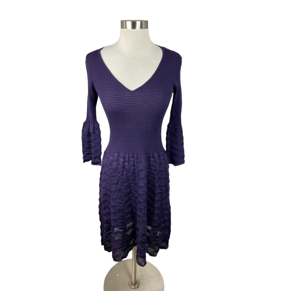 Missoni 44 Purple Ribbed Viscose Knit V Neck Dress Italy